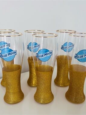 Blue Moon 16 Oz Pilsner Beer Glass With Gold Color Rim & Glitter-Set of 6 NEW